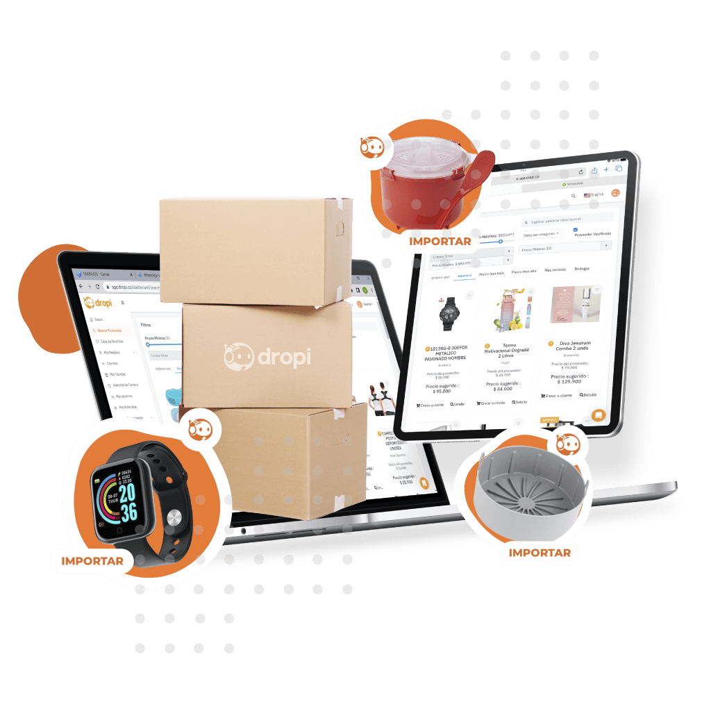 Portátil y tablet con el catálogo de productos de Dropi, cajas con el logo y botones “Importar” sobre cada producto